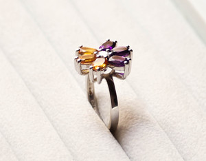 Natural Citrine and Amethyst Gemstone Marquise-Cut Floral <b>Solitaire</b> 925 <b>Silver</b> Cluster <b>Ring</b> - Product Image 4