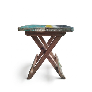 Sustainable Reclaimed Boat Wood Square Top <b>Stool</b> Leg <b>Folding</b> Design Wood Design Eco-Friendly Indoor Outdoor Bali Wood Furniture - Product Image 2