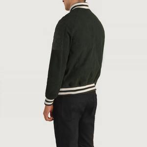 <b>Men's</b> Green <b>Suede</b> Bomber <b>Jacket</b> With White Stripe Trim Regular Fit Zipper Closure Casual Varsity <b>Jackets</b> - Product Image 3
