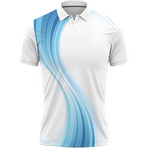 เสื้อโปโลแขนสั้นพิมพ์ลายสีฟ้าขาวสำหรับผู้ชาย ผ้าถักโพลีเอสเตอร์ ระบายอากาศได้ดี ทรงปกติ ปกเสื้อพับได้ - Product Image 5