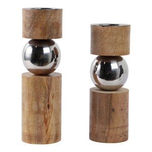 Porte-bougie décoratif en bois avec accent sphérique en métal, support de bougie moderne pour table, décoration de salon, lot de 2 - Product Image 2
