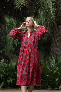 Vestido Vintage de Algodón 100% Ecológico para Mujer, Estampado Floral a Mano, Cuello Barco, Dobladillo Burbuja, Manga Corta, Largo hasta la Rodilla, Venta al por Mayor - Product Image 5
