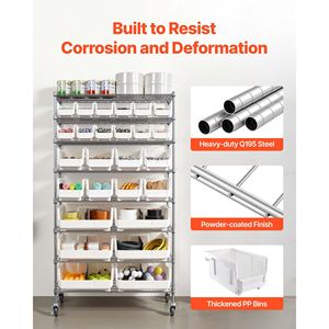 Scaffale mobile a 8 livelli con 26 contenitori, sistema di scaffalature in filo d'acciaio con ruote per l'organizzazione di attrezzi in garage - Product Image 6
