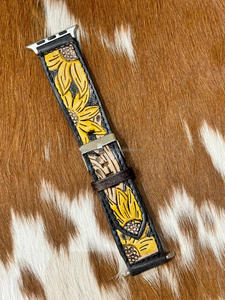 แฮนด์เมดออกแบบเองดอกไม้ตะวันตกเครื่องมือและหนังทาสีที่สวยงามดอกทานตะวันนาฬิกาสายนาฬิกาหนังแท้ - Product Image 2