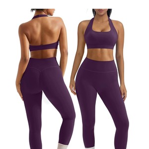 Conjunto de Sujetador Deportivo con Cuello Halter y Ribete en Contraste, Leggings de Cintura Alta y Longitud Completa, Ropa de Yoga sin Costuras de Spandex y Poliéster - Product Image 4