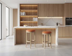 Ensemble de 2 tabourets de bar ronds modernes en bois massif avec 2 pieds courbés - Durables et légers - Product Image 4