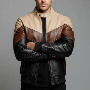Blouson Bomber en Cuir Véritable pour Homme, Style Moto Biker, Col Montant, Fermeture Éclair, Blocs de Couleurs, Idéal pour l'Automne - Product Image 4