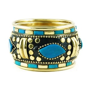 Brass Statement <b>Bangle</b> Polished Cuff <b>Bracelet</b> Geometric Stone Inlay Round Fashion Jewelry - Product Image 1