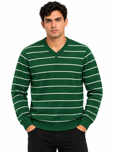 Livster <b>Mens</b> Winter 100% Cotton Dark Green V Neck Striped Knitted <b>Sweater</b> Classic Full Sleeve Pullover <b>White</b> Horizontal Stripe - Product Image 1
