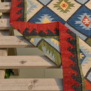 Tapis Kilim en Laine Fait Main Moderne, Motif Abstrait Palmier Tropical Rose et Vert Sarcelle, Tapis Traditionnel à Motifs Géométriques et Tribaux en Diamant - Product Image 5