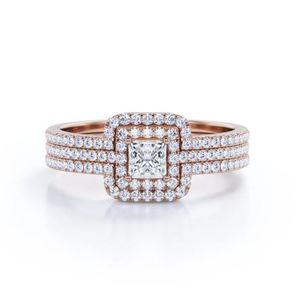 Anillo de Boda de Lujo Certificado con Moissanita Artística Corte Princesa Halo Trio de 1.5 Quilates y Engaste de Plata Esterlina - Product Image 1