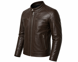 Veste de motard en cuir véritable marron pour homme, col montant, fermeture éclair, coupe classique, pour l'automne - Product Image 2
