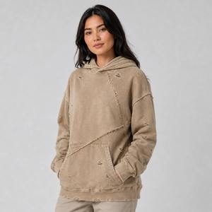 Sweat-shirt à capuche oversize pour femme, couleur unie, effet délavé, design asymétrique, en coton et fibre de bambou, tricoté, streetwear d'automne - Product Image 6