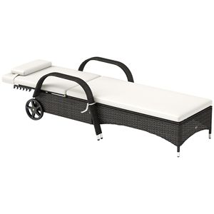 Chaise longue d'extérieur à dossier réglable sur 5 niveaux en rotin crème, chaise de piscine et de gym avec coussin et appui-tête, roues incluses - Product Image 1