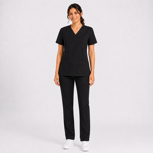 Women Black Medical <b>Scrub</b> <b>Set</b> Back View V Neck Healthcare Uniform Nurse Workwear Top And Pant - Product Image 3