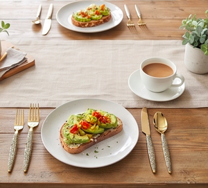 Ensemble de couverts dorés avec design de poignée géométrique, couverts modernes pour la table de mariage, compatibles lave-vaisselle, pour les fêtes et les ustensiles en métal - Product Image 6