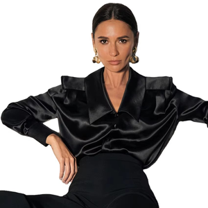 Chemisiers en satin pour femmes, col en V, épaules droites, avec épaulettes, chemisiers en satin - Product Image 6