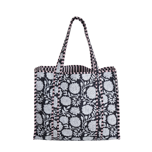 Sac fourre-tout matelassé en coton fait main, durable et léger, imprimé floral ouvert, rayures orange, réversible, été-automne, écologique - Product Image 1