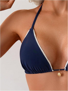 Ensemble bikini bleu marine pour femme, haut croisé à nouer, bas à nouer sur les côtés, bordure contrastante, décoration perles, maillot de bain extensible - Product Image 6
