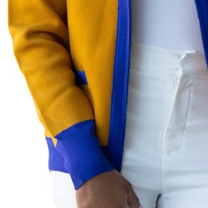 Suéter Cárdigan Amarillo y Azul Sigma Gamma Rho para Mujer, Cuello en V, Estilo Premium, Manga a Rayas, Ropa Casual de la Hermandad Griega - Product Image 4