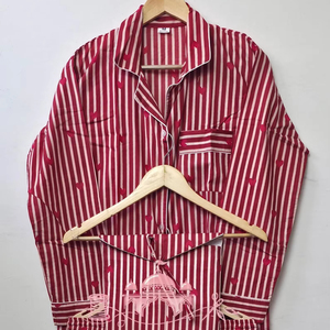 Ensemble de pyjama en coton rayé rouge et blanc pour femmes, élégant, à manches longues, boutonné, vêtements de nuit doux, respirants, séchage rapide, pour l'été - Product Image 2