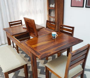 Ensemble de salle à manger extensible 6 places avec banc, finition miel, en bois de Sheesham, table à manger traditionnelle sculptée à la main - Product Image 3