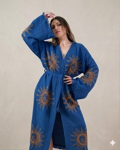 Kimono rosa bordado para mujer, estilo bohemio, manga larga, cuello en V, corte holgado, largo maxi, bordado a mano, vestido informal. - Product Image 4