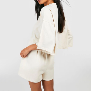 Women's Casual Eco-Friendly 2 Piece <b>Set</b> Polyester/Cotton Blend Solid Color Crop Top T-Shirt Short Oversized Drop Shoulder <b>Sets</b> - Product Image 2
