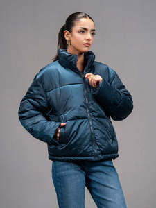 Chaqueta Acolchada Azul con Cuello Alto, Cierre de Cremallera, Resistente al Viento, Informal, para Invierno, Unisex, Corte Holgado, Relleno de Poliéster - Product Image 2