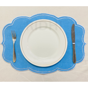 Blue Linen Placemat With White Scalloped Embroidered Edge <b>Table</b> <b>Mats</b> for Dining, Modern Tableware Reusable Elegant Kitchen Decor - Product Image 6