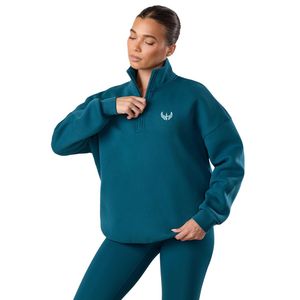Sweat-shirt à col montant 1/4 zippé bleu océan respirant pour femme, coupe oversize, manches longues, style streetwear décontracté - Product Image 3