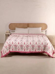 Bohemian Printed <b>Quilt</b> Pink Floral Pattern Hand Stitched Cotton All Season <b>Bedding</b> Set - Product Image 1