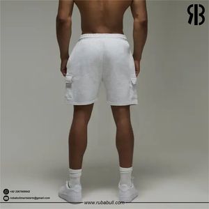 Shorts cargo blancs pour hommes, taille mi-haute, cordon élastique, décontractés, style Bermuda, avec poches, respirants, en coton tricoté - Product Image 2