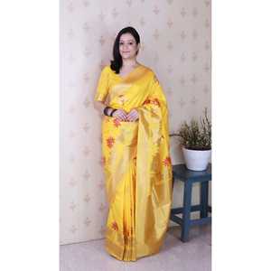 Sari en soie douce jaune vif Elite Weaves, tissage Kamdhenu, sari indien traditionnel tissé Zari pour femmes - Product Image 1