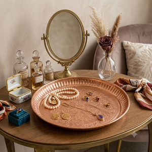 Plateau de prière traditionnel en cuivre gravé fait main, plateau de Puja, plateau d'Aarti, plateau de prière, décoration de temple, vente en gros, cadeau d'Inde - Product Image 2