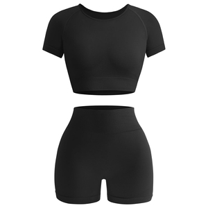 Conjunto Deportivo de 2 Piezas para Mujer, Tejido Crema, Top Corto de Manga Corta, Pantalones Cortos de Cintura Alta, Color Sólido, Transpirable, Primavera Verano - Product Image 2