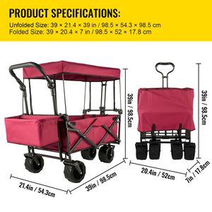 Carrello da Giardino Pieghevole Extra Large con Tettuccio Rimovibile, Carrello Utilitario Pieghevole con Vano Portaoggetti Posteriore per Campeggio - Product Image 2
