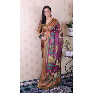 Sari Tradicional Tejido con Hilo Zari, Color Vino, Seda Tussar Suave, Pichwai, Ropa India y Pakistaní, Tejidos de Élite, 450g - Product Image 3