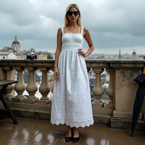 Vestido cruzado de algodón suave Maxi blanco bordado para damas con impresionantes correas elásticas con espalda abierta y Diseño Artesanal - Product Image 3