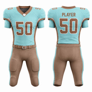 Ensemble de maillot et pantalon de football américain sublimé personnalisé pour homme, col en V, manches courtes, anti-humidité, ajusté, bleu et marron - Product Image 5