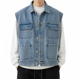 Chaleco Vaquero sin Mangas para Hombre, Azul Lavado, Multibolsillos, Personalizado, OEM, Venta al Por Mayor - Product Image 2