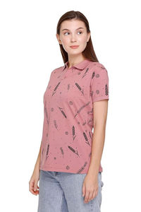 เสื้อโปโลผู้หญิงสีชมพูพิมพ์ลาย แขนสั้น ลำลอง ผ้าถัก ลายใบไม้ ระบายอากาศได้ดี ผ้าฝ้าย 100% - Product Image 4