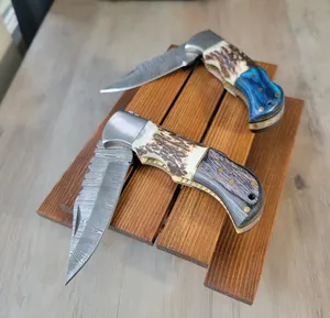 Damascus Steel Folding Hunting <b>Knife</b> Clip Point Blade Serrated Edge Elk Horn Wood <b>Handle</b> Leather Sheath Industrial Grade <b>Knife</b> - Product Image 3