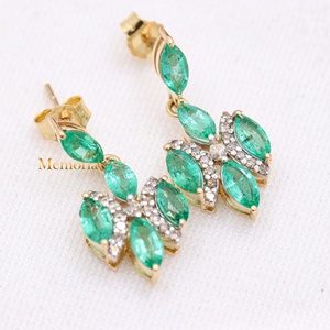 Natural Emerald and <b>Diamond</b> Gemstone Drop <b>Dangle</b> <b>Earrings</b> in 14k Yellow Gold Handmade Jewelry for Wedding Gift and Wholesale - Product Image 1