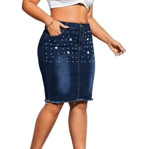 Women Plus Size <b>High</b> Waist Pearl Beaded Denim Skirt Dark Blue Floral Beading <b>Knee</b> Length Raw Hem Casual Stretch Jean Skirt Skirt - Product Image 1