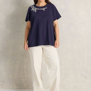 New Arrival 100% Cotton Spandex Loose Oversized Floral Beaded Embroidered Women's Blue Short Sleeve Quick Dry T-Shirts - Product Image 3