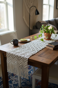 Tissus décoratifs, nappes en coton blanc faites à la main, style bohème, design noué moderne, chemin de table pour la décoration de la maison, 14x78 pouces - Product Image 4