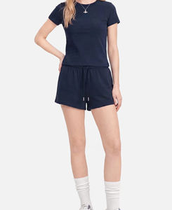 2026 Wholesale <b>Women</b> 2 Piece Cotton Shorts Set Solid <b>Navy</b> Crew Neck Full Sleeve Casual Breathable Eco-Friendly Embroidery Spring - Product Image 4