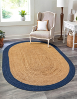 Tapis ovale en jute naturel tissé à la main de qualité supérieure avec bordure bleu marine, tapis de sol tressé style farmhouse pour salon et chambre à coucher