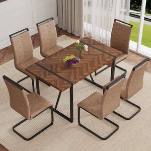 <b>Retro</b> Rectangular <b>Dining</b> <b>Table</b> Set with Fishbone Patterned MDF Desktop Black Metal Legs 6 Chairs-for Your <b>Dining</b> Room - Product Image 2
